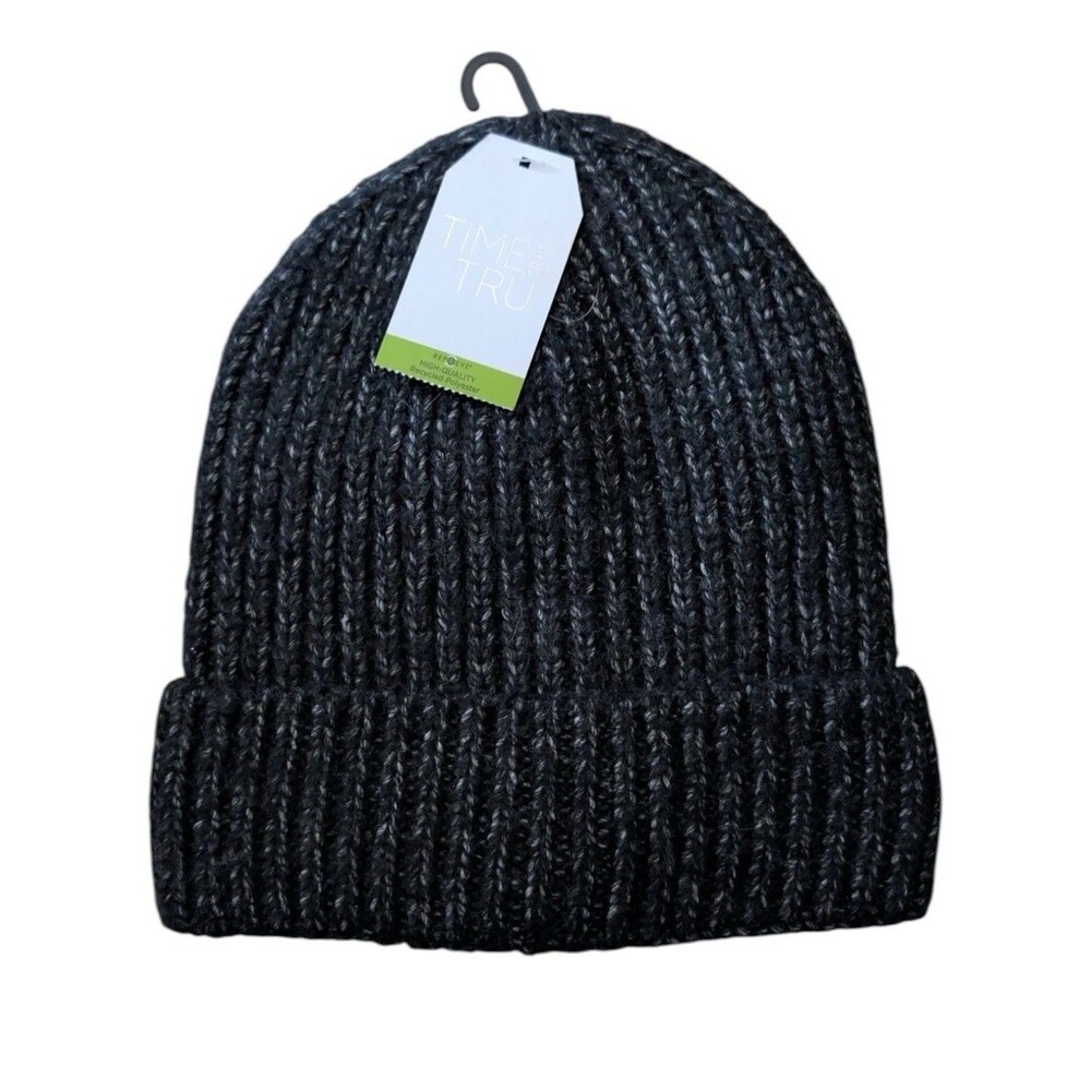 Time And Tru Hat Beanie Fitted Womens One Size Black Knit Fleece Lined Winter